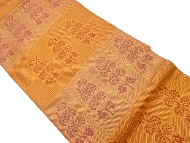 リサイクル　変わり格子に草花模様織出し名古屋帯